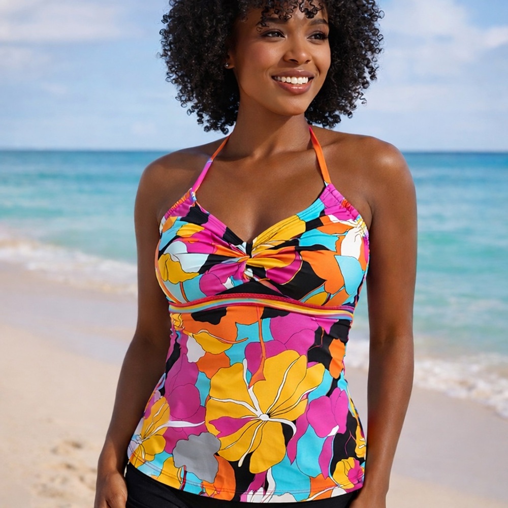 Trina Turk Gemini Multicolor Floral Halter Tankini Removable Pads NWT Size 4